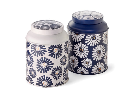 Blomstrede tedåser i blå og hvid variant