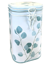 Indlæs billede til gallerivisning Firkantede hvid tedåse med eukalyptus blade der kan indeholde ca. 250g