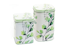 Indlæs billede til gallerivisning Firkantede tedåser i hvid med grønne gingko blade på i to størrelser