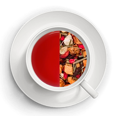 Kop hvori man i den ene halvdel kan se den bryggede frugt te og i den anden teens ingredienser