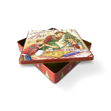Firkantet åben rød jule kagedåse med retro motiv af mor og børn der bager julekager
