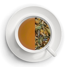 Indlæs billede til gallerivisning Kop med te – den ene halvdel viser den færdigbryggede te, den anden halvdel viser de tørrede te-ingredienser