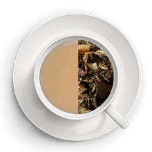 Indlæs billede til gallerivisning Kop med te – den ene halvdel viser den færdigbryggede te, den anden halvdel viser de tørrede te-ingredienser