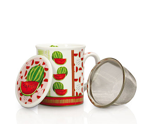 Te kop med låg og si dekoreret med vandmelon motiver