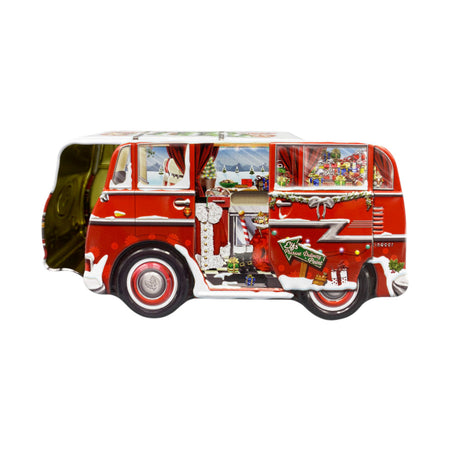 Dåse formet som en julemandens autocamper.