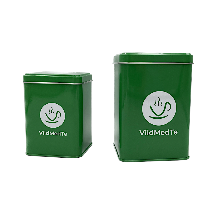 Tedåser med VildMedTe logo i grøn