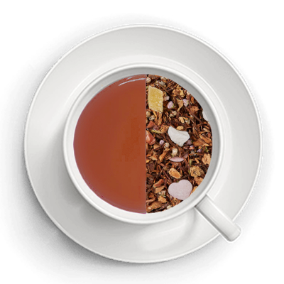 Tekop hvor man kan se den røde rooibos te i en side og teens ingredienser i den anden