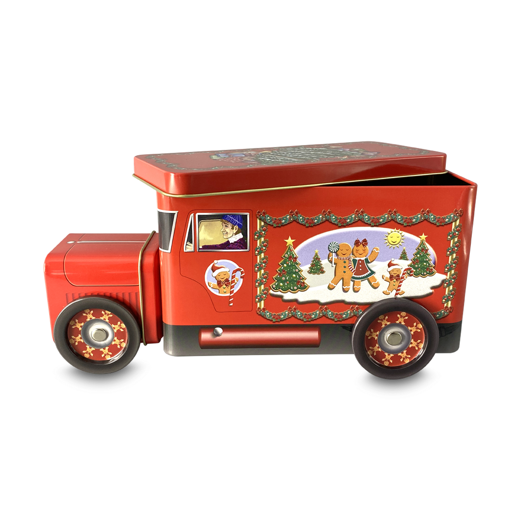 Rød honningkage lastbil dåse hvor låget er taget af
