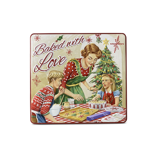 Firkantet jule kagedåse med retro motiv af mor og børn der bager julekager