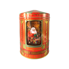 Indlæs billede til gallerivisning Rød kagedåse i form af en spilledåse med julemotive. Her ses julemanden med gaver
