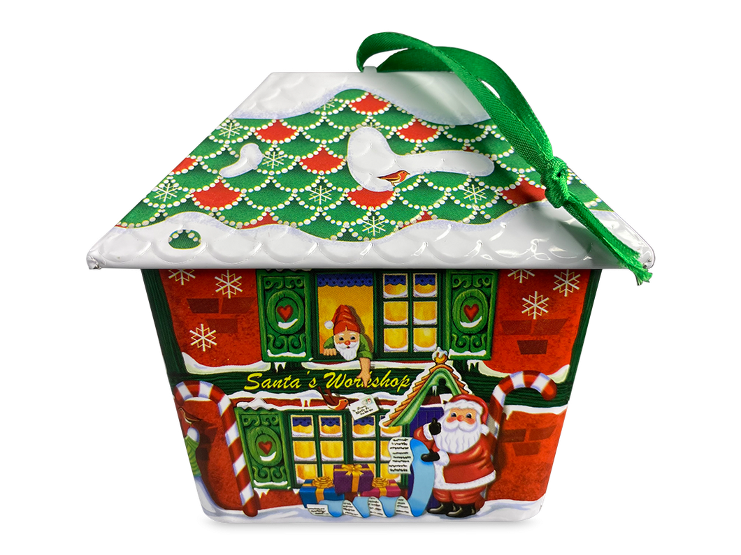 Kagedåse udformet som et hus motiver af julemandens værksted