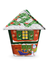 Indlæs billede til gallerivisning Kagedåse udformet som et hus motiver af julemandens værksted
