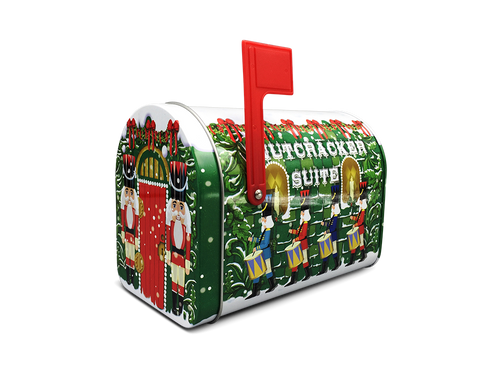Grøn jule kagedåse formet som en postkasse med justerbart postflag og dekoreret med nøddeknækkere