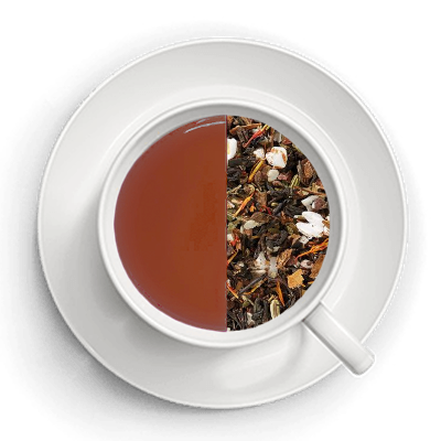 Tekop hvor man kan se den rødlige rooibos te i en side og teens ingredienser i den anden