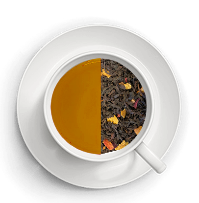 Tekop hvor man kan se den bryggede sorte te i den ene halvdel og teens ingredienser i den anden