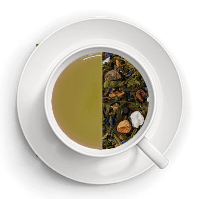 Tekop hvor man kan se den grønne te i en side og teens ingredienser i den anden